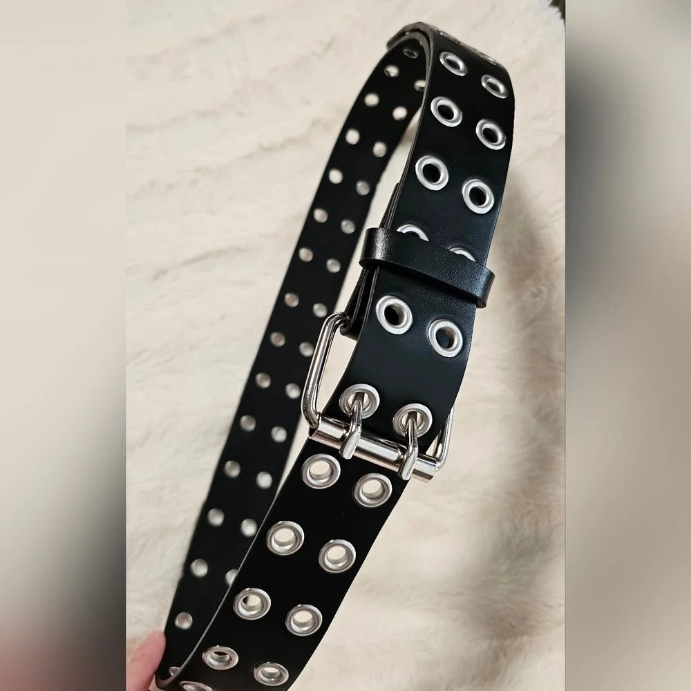 Black Belt Double Grommet Faux Leather Punk Belt for Women & Men, Small 39